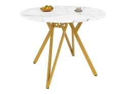 Mesa de comedor redonda - Estructura de metal - Chapado con diseño de mármol - 4 personas - MDF - Blanco y Dorado