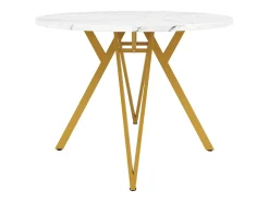 Mesa de comedor redonda - Estructura de metal - Chapado con diseño de mármol - 4 personas - MDF - Blanco y Dorado