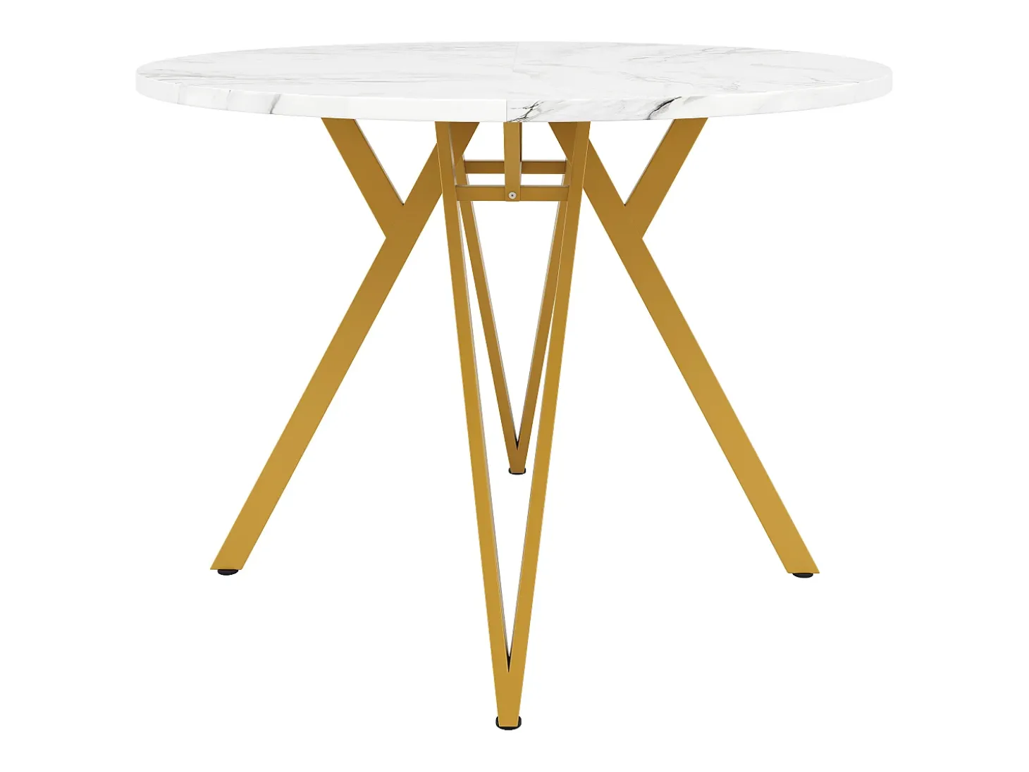 Mesa de comedor redonda - Estructura de metal - Chapado con diseño de mármol - 4 personas - MDF - Blanco y Dorado