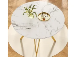 Mesa de comedor redonda - Estructura de metal - Chapado con diseño de mármol - 4 personas - MDF - Blanco y Dorado