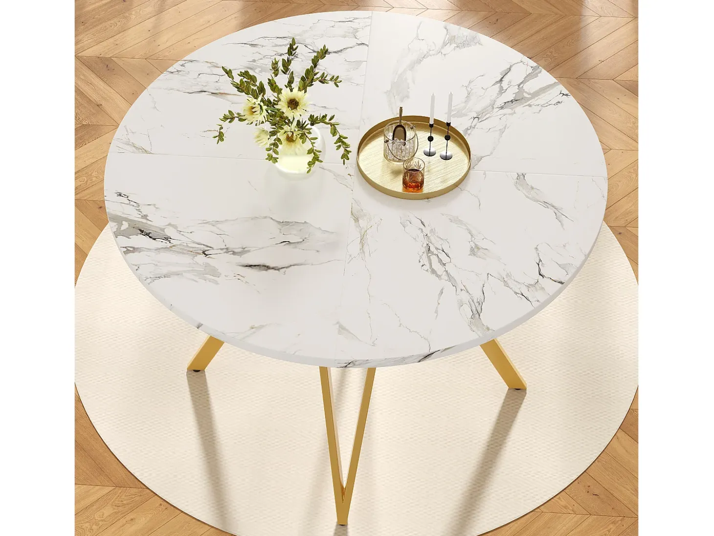 Mesa de comedor redonda - Estructura de metal - Chapado con diseño de mármol - 4 personas - MDF - Blanco y Dorado