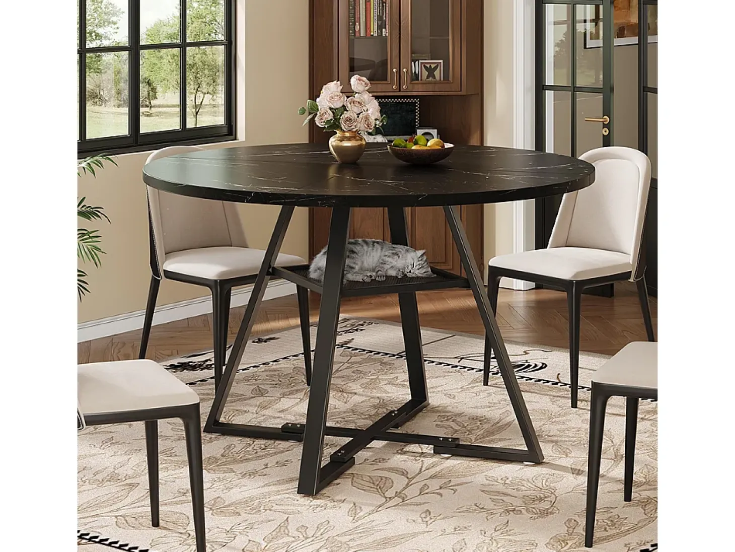 Mesa de comedor redonda (1 unidad), patas de metal, aspecto mármol, negro