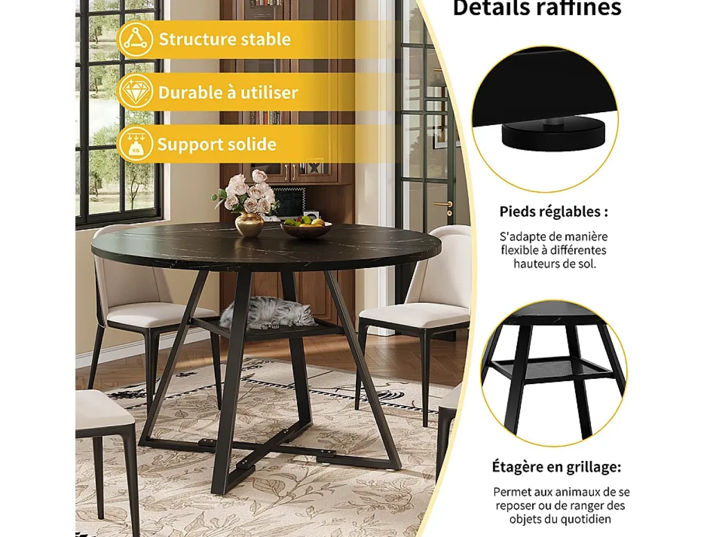 Mesa de comedor redonda (1 unidad), patas de metal, aspecto mármol, negro