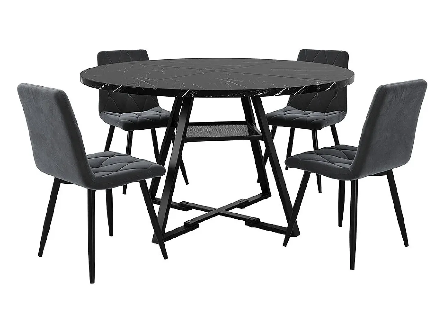 Mesa de comedor redonda (1 unidad), patas de metal, aspecto mármol, negro