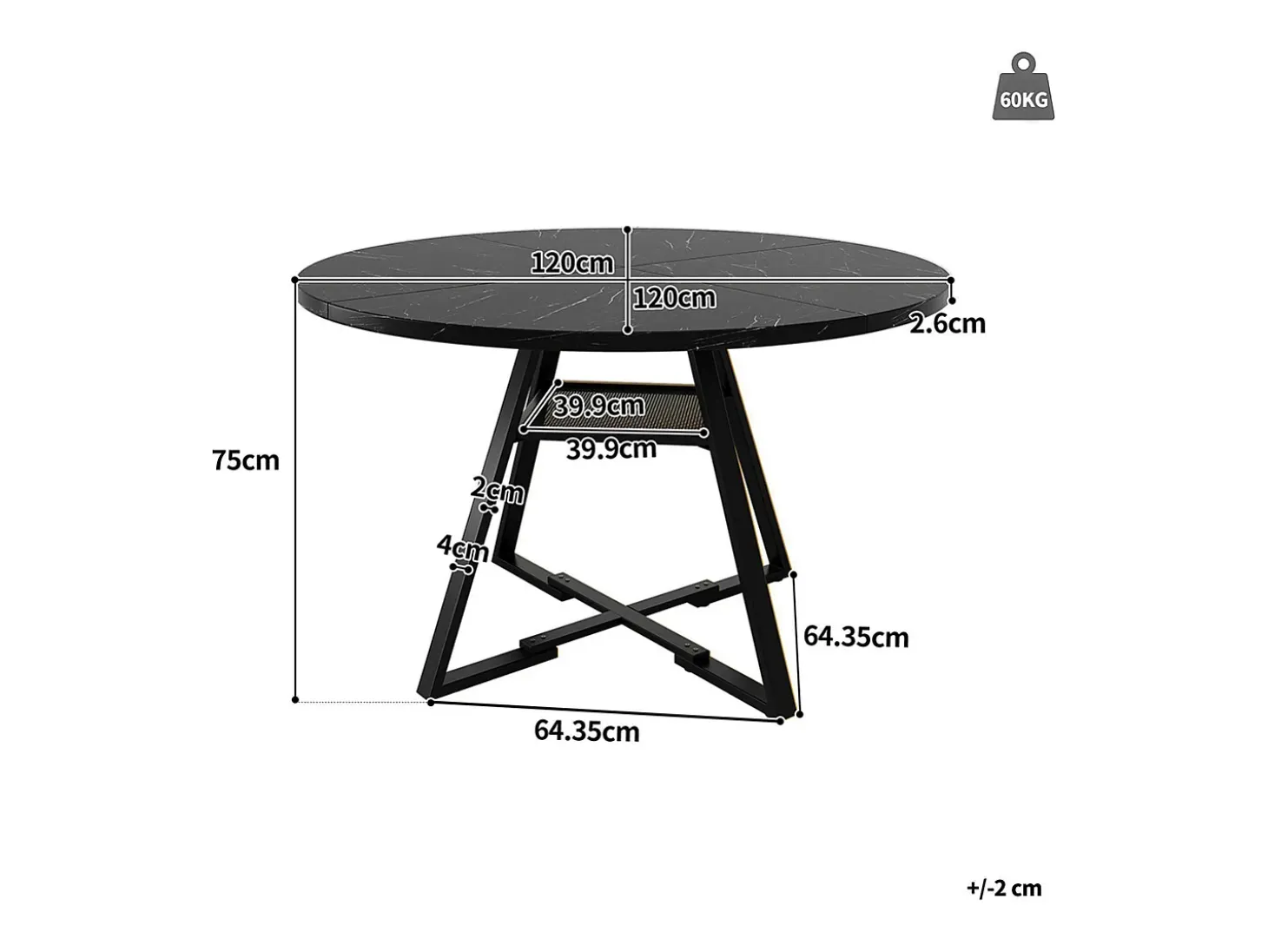 Mesa de comedor redonda (1 unidad), patas de metal, aspecto mármol, negro