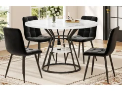Mesa de comedor redonda - 100 x 100 x 76 cm - con almacenaje - diseño mármol - MDF + Metal - negro