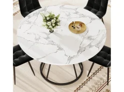 Mesa de comedor redonda - 100 x 100 x 76 cm - con almacenaje - diseño mármol - MDF + Metal - negro