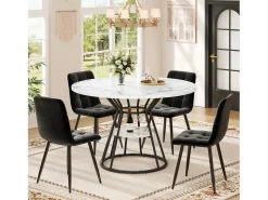 Mesa de comedor redonda - 100 x 100 x 76 cm - con almacenaje - diseño mármol - MDF + Metal - negro
