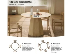 Mesa de comedor redonda - para 4 a 6 personas - 120 x 120 x 75 cm - estilo escandinavo minimalista - MDF - natural