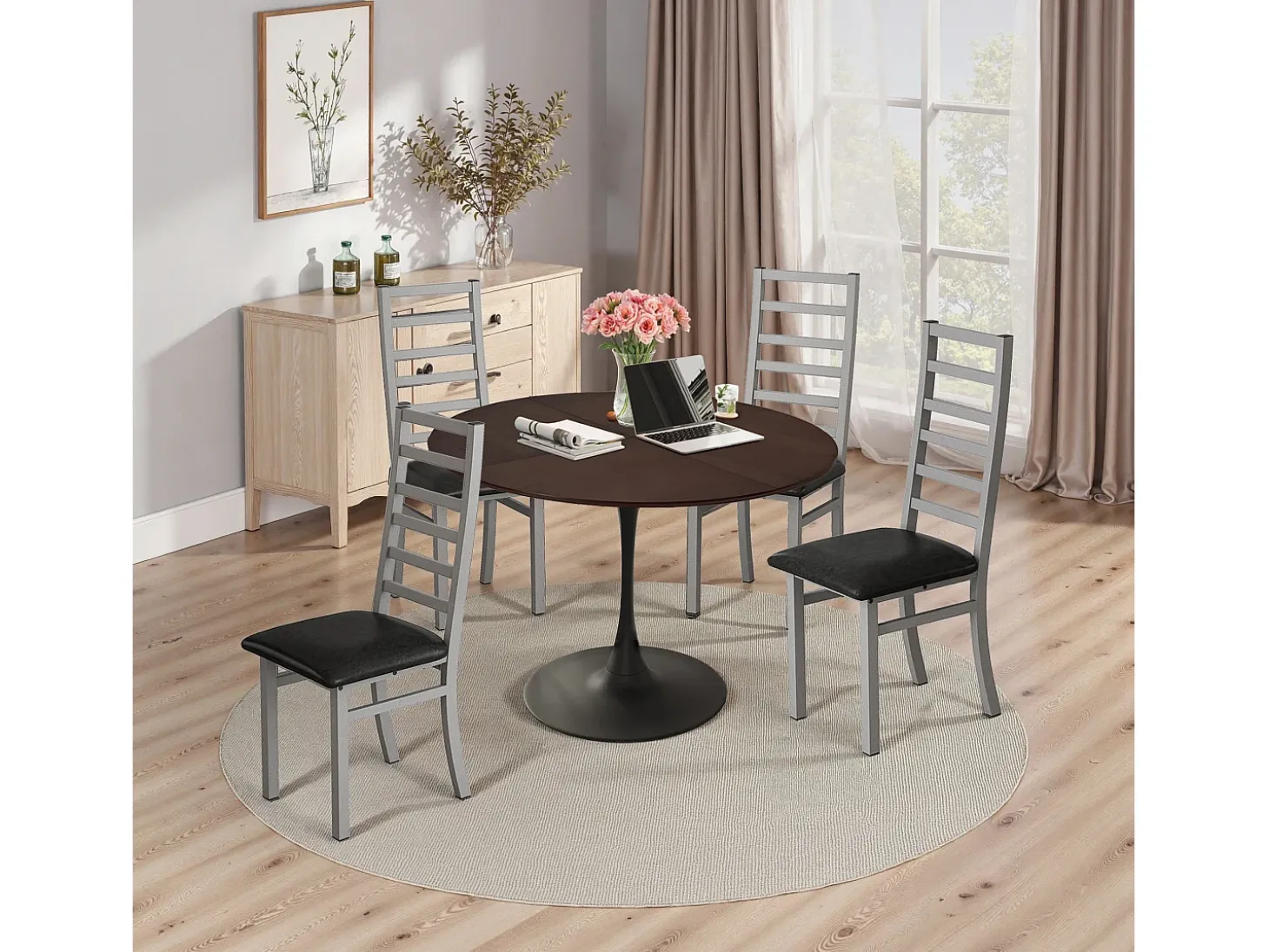 Mesa de comedor redonda - Mesa de comedor de roble con patas de metal y tablero de madera maciza - tablero de cuatro piezas