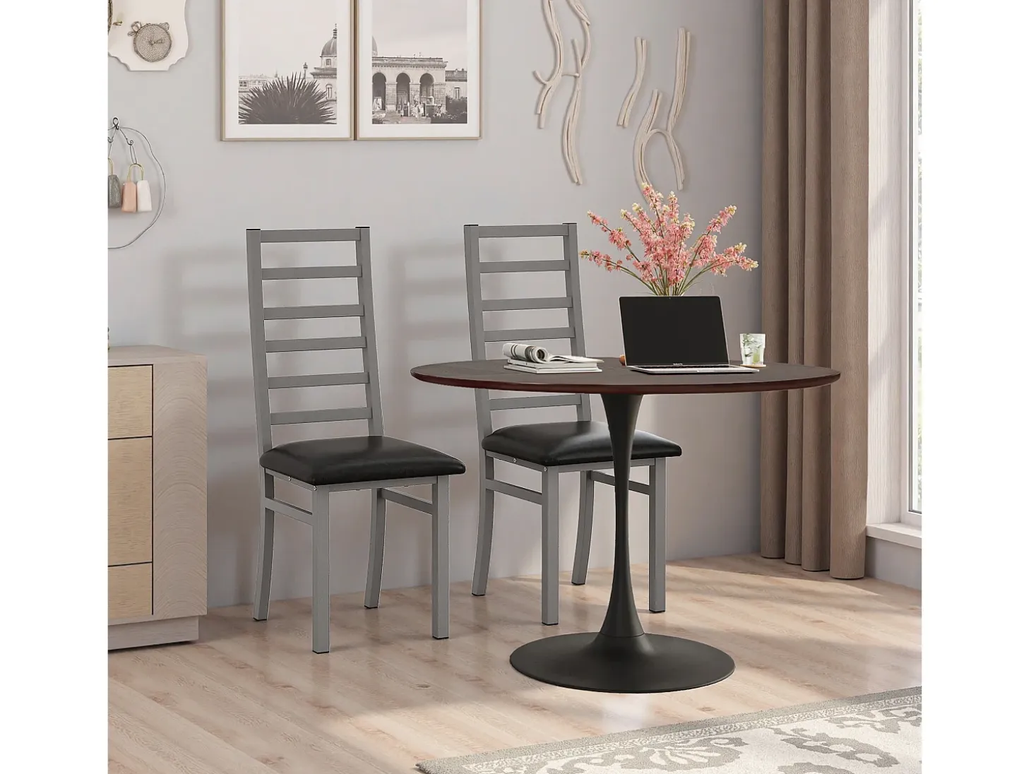 Mesa de comedor redonda - Mesa de comedor de roble con patas de metal y tablero de madera maciza - tablero de cuatro piezas