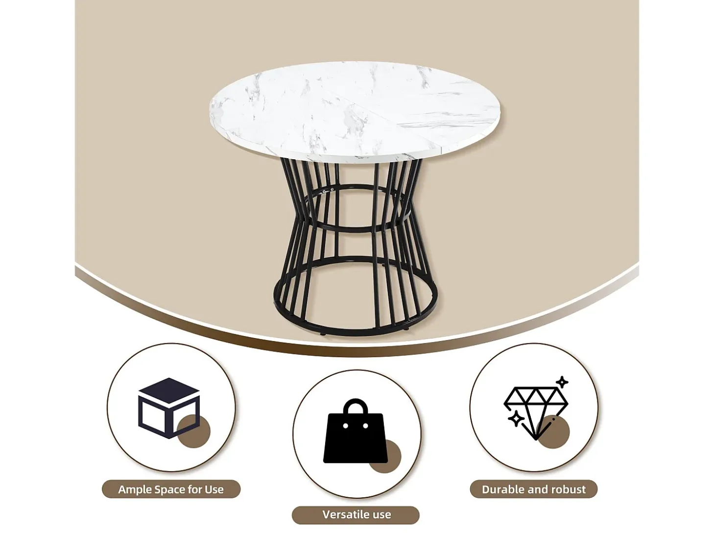 Mesa de comedor redonda - estructura de metal - chapa de mármol - Blanco y Negro