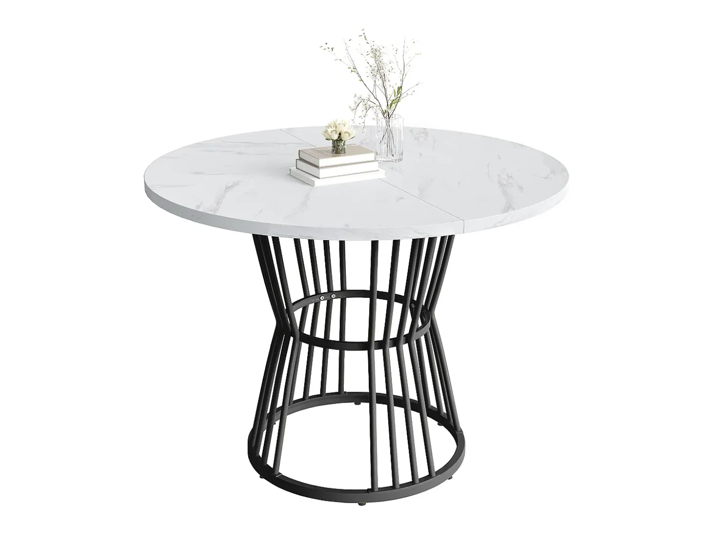 Mesa de comedor redonda - estructura de metal - chapa de mármol - Blanco y Negro