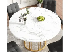 Mesa de comedor redonda - 100 x 100 x 74 cm - Patas de metal - diseño mármol - MDF + Metal - dorado