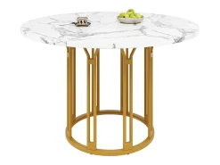 Mesa de comedor redonda - 100 x 100 x 74 cm - Patas de metal - diseño mármol - MDF + Metal - dorado