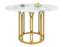 Mesa de comedor redonda - 100 x 100 x 74 cm - Patas de metal - diseño mármol - MDF + Metal - dorado