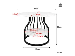 Mesa de comedor redonda - Estructura de metal - Chapado con diseño de mármol - 4 personas - con bandeja de almacenamiento - Blanco y Negro
