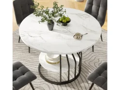 Mesa de comedor redonda - Estructura de metal - Chapado con diseño de mármol - 4 personas - con bandeja de almacenamiento - Blanco y Negro