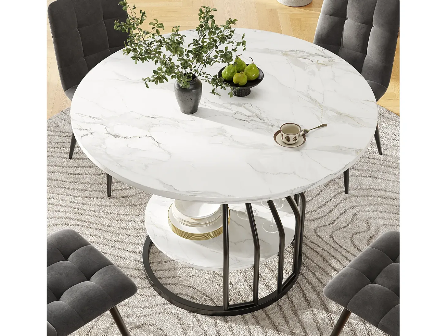 Mesa de comedor redonda - Estructura de metal - Chapado con diseño de mármol - 4 personas - con bandeja de almacenamiento - Blanco y Negro