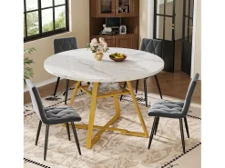 Mesa de comedor redonda - 120 x 120 x 75 cm - mesa de desayuno con patas doradas - aspecto mármol - MDF + metal - blanco