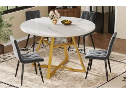 Mesa de comedor redonda - 120 x 120 x 75 cm - mesa de desayuno con patas doradas - aspecto mármol - MDF + metal - blanco