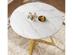 Mesa de comedor redonda - 120 x 120 x 75 cm - mesa de desayuno con patas doradas - aspecto mármol - MDF + metal - blanco