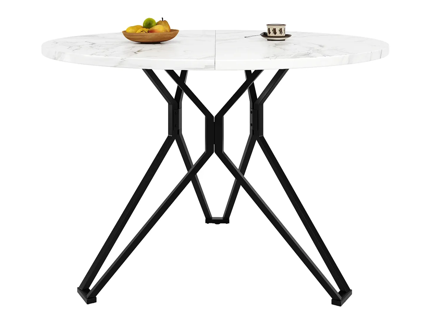 Mesa de comedor redonda - Patas cruzadas - Chapado con diseño de mármol - 4 personas - MDF - Blanco y Negro