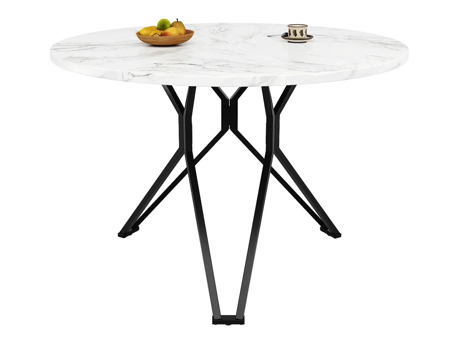 Mesa de comedor redonda - Patas cruzadas - Chapado con diseño de mármol - 4 personas - MDF - Blanco y Negro