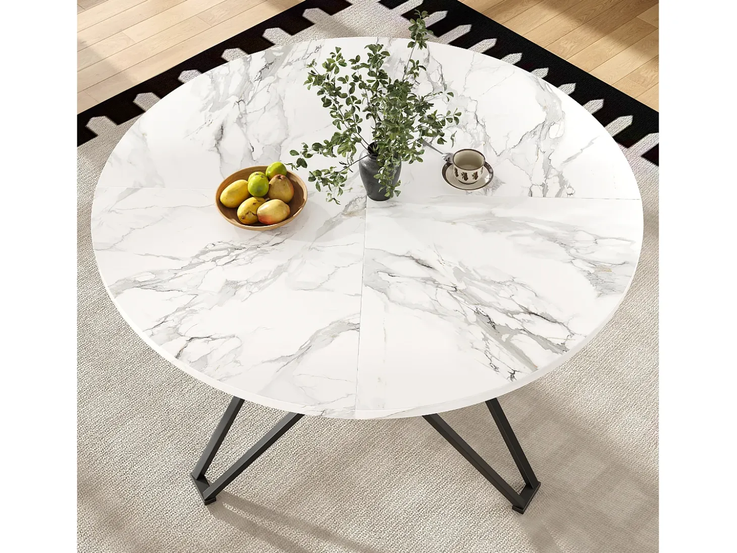 Mesa de comedor redonda - Patas cruzadas - Chapado con diseño de mármol - 4 personas - MDF - Blanco y Negro