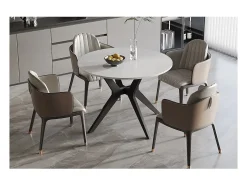 Mesa de comedor redonda ARVENA – 110 cm – Tablero de piedra sinterizada – Color blanco – Diseño metálico elegante
