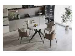 Mesa de comedor redonda ARVENA – 110 cm – Tablero de piedra sinterizada – Color blanco – Diseño metálico elegante