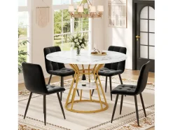 Mesa de comedor redonda con tablero efecto mármol - Patas de metal dorado - Blanco