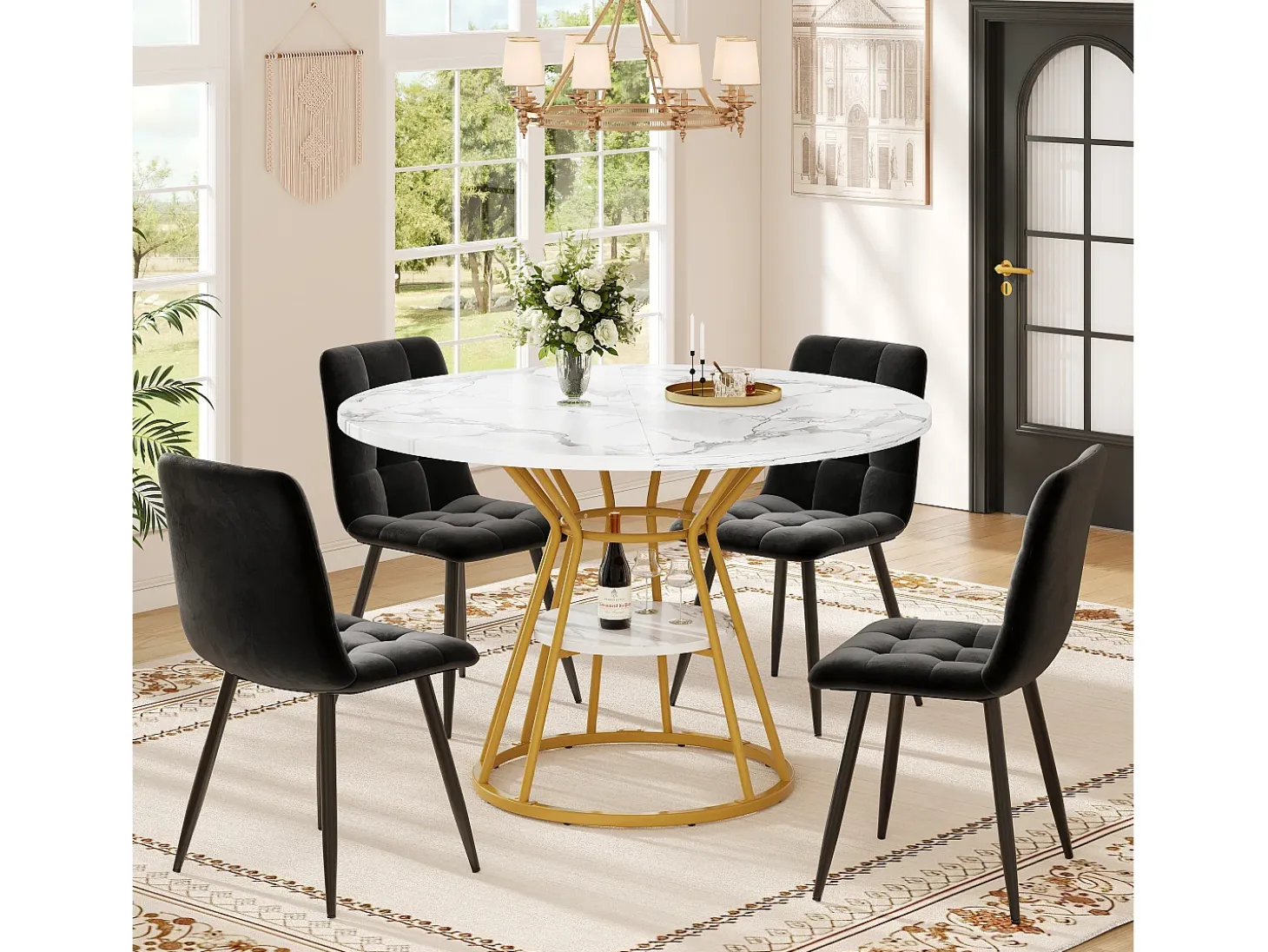 Mesa de comedor redonda con tablero efecto mármol - Patas de metal dorado - Blanco