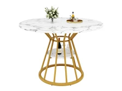 Mesa de comedor redonda con tablero efecto mármol - Patas de metal dorado - Blanco