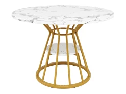 Mesa de comedor redonda con tablero efecto mármol - Patas de metal dorado - Blanco