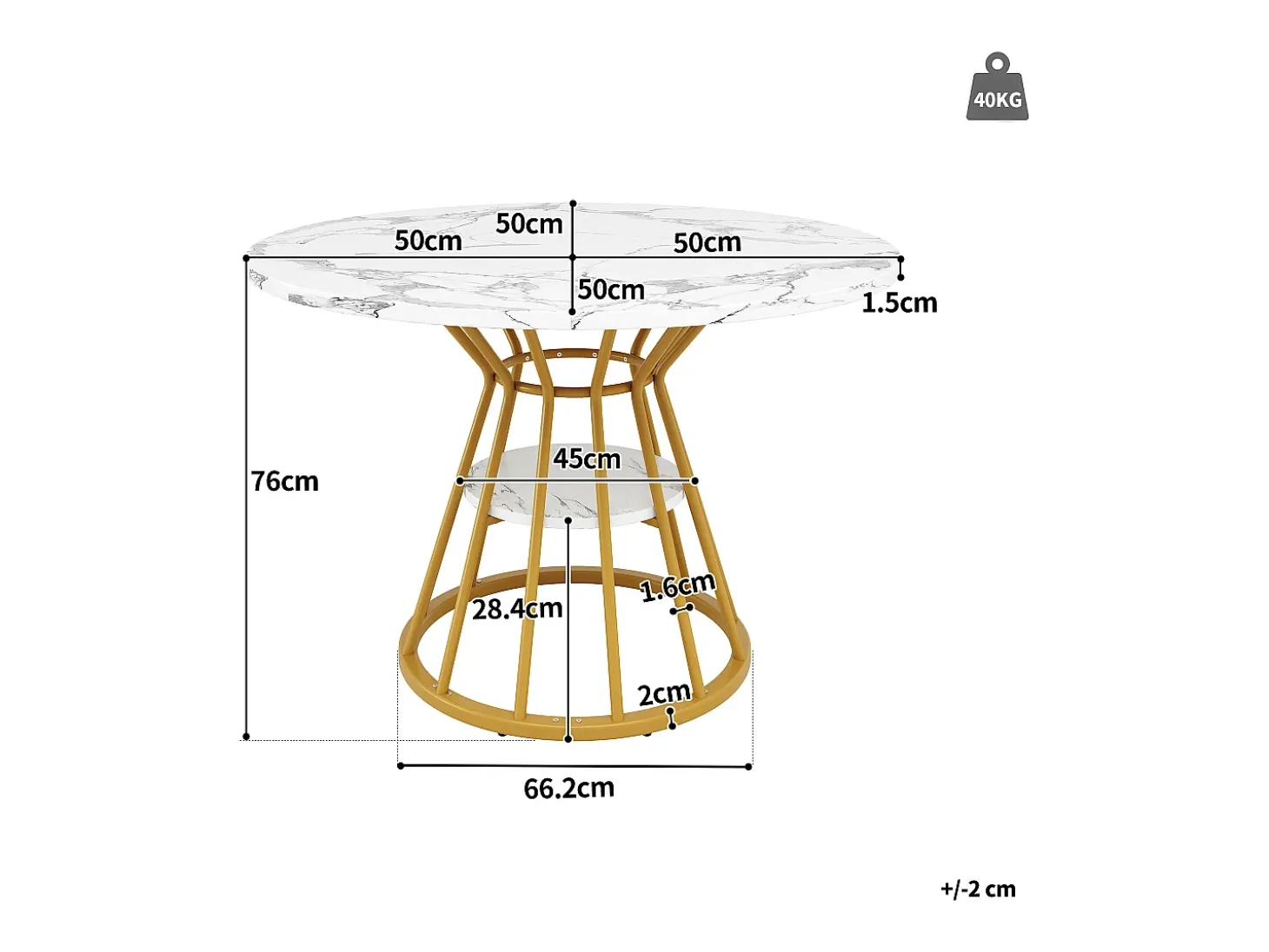 Mesa de comedor redonda con tablero efecto mármol - Patas de metal dorado - Blanco