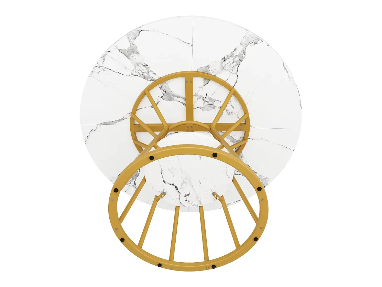 Mesa de comedor redonda con tablero efecto mármol - Patas de metal dorado - Blanco