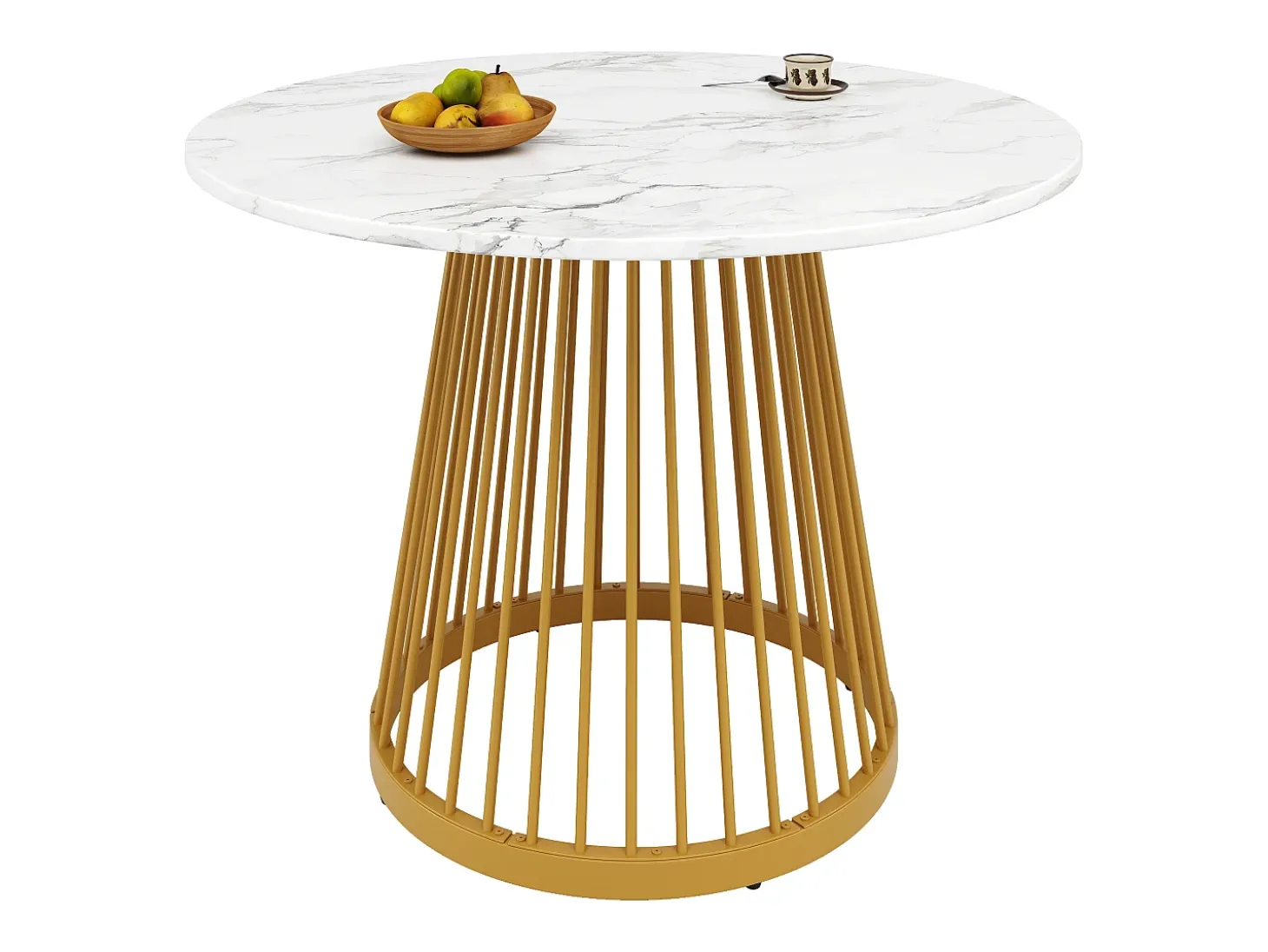 Mesa de comedor redonda con tablero chapado en mármol blanco y patas centrales de metal dorado - 80x80x76cm