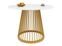 Mesa de comedor redonda con tablero chapado en mármol blanco y patas centrales de metal dorado - 80x80x76cm