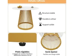Mesa de comedor redonda con tablero chapado en mármol blanco y patas centrales de metal dorado - 80x80x76cm