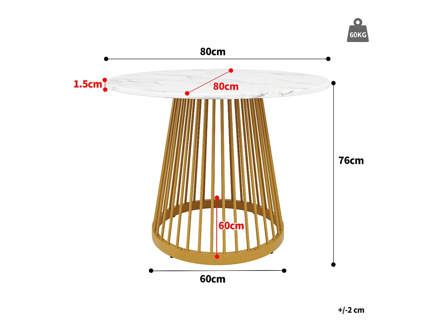 Mesa de comedor redonda con tablero chapado en mármol blanco y patas centrales de metal dorado - 80x80x76cm