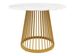 Mesa de comedor redonda con tablero chapado en mármol blanco y patas centrales de metal dorado - 80x80x76cm