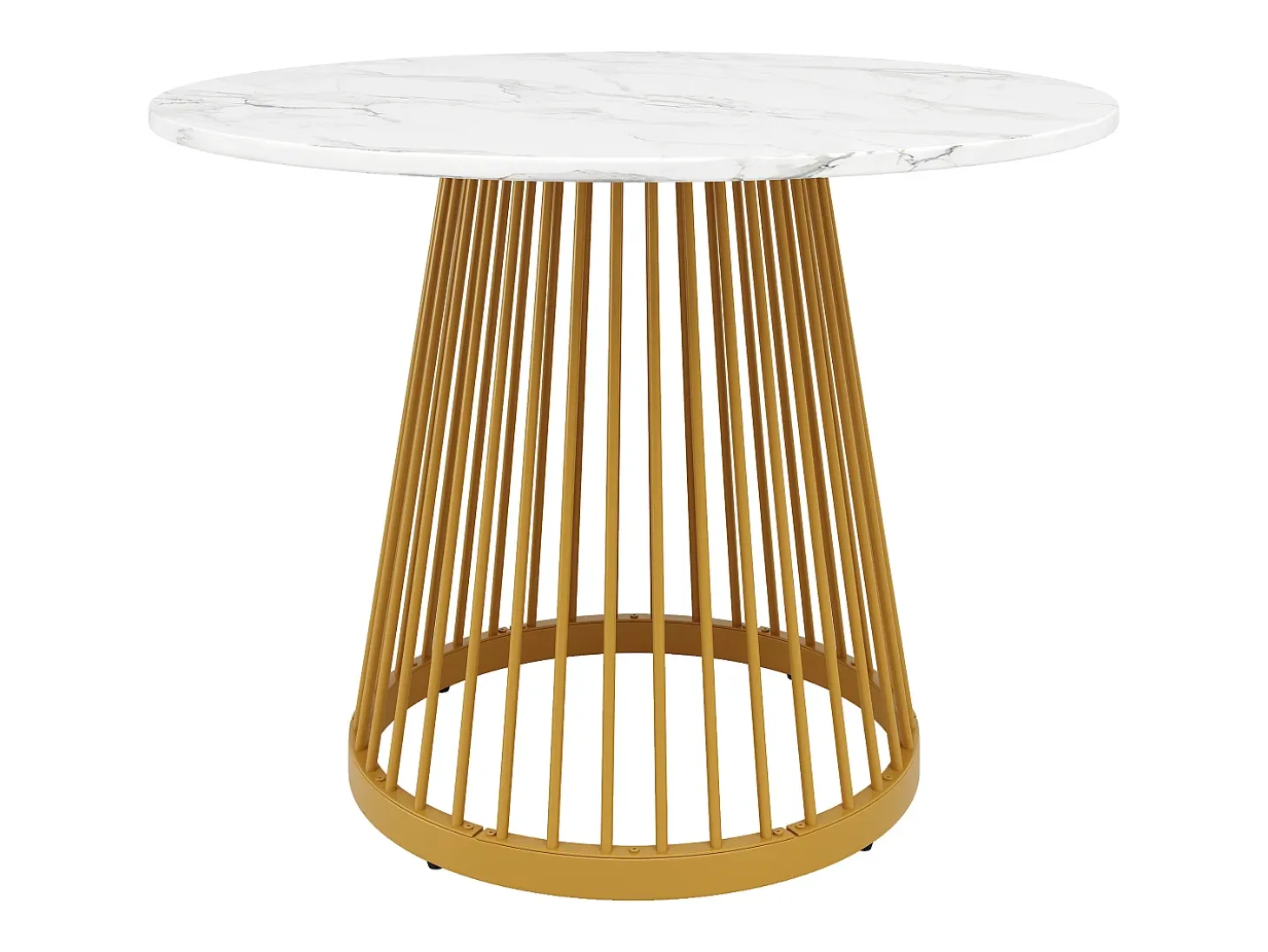 Mesa de comedor redonda con tablero chapado en mármol blanco y patas centrales de metal dorado - 80x80x76cm
