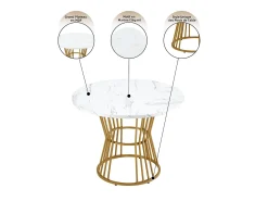 Mesa de comedor redonda con tablero chapado en mármol blanco y patas centrales de metal dorado - 100x100x75cm