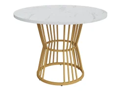 Mesa de comedor redonda con tablero chapado en mármol blanco y patas centrales de metal dorado - 100x100x75cm