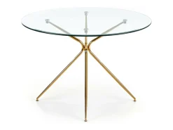 Mesa de comedor redonda con tapa de cristal de 110 cm y pata Around de metal dorado
