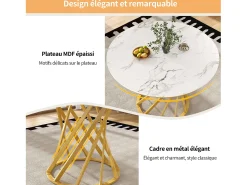 Mesa de comedor redonda con tablero chapado en mármol blanco y patas en espiral de metal dorado - 80x80x76cm