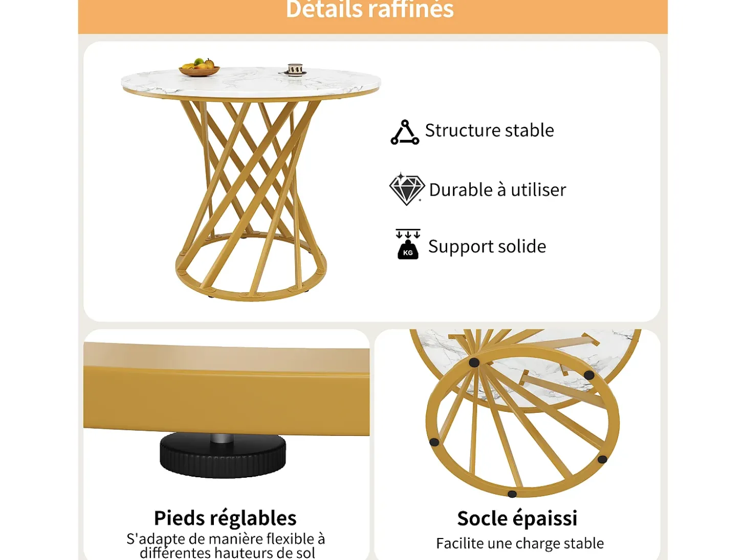Mesa de comedor redonda con tablero chapado en mármol blanco y patas en espiral de metal dorado - 80x80x76cm