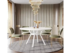Mesa de Comedor Redonda con Placa de Efecto MDF, 120x120x75 cm, con Cuatro Pies de Metal, Blanca, Perfecta Estilo Retro Escandinavo