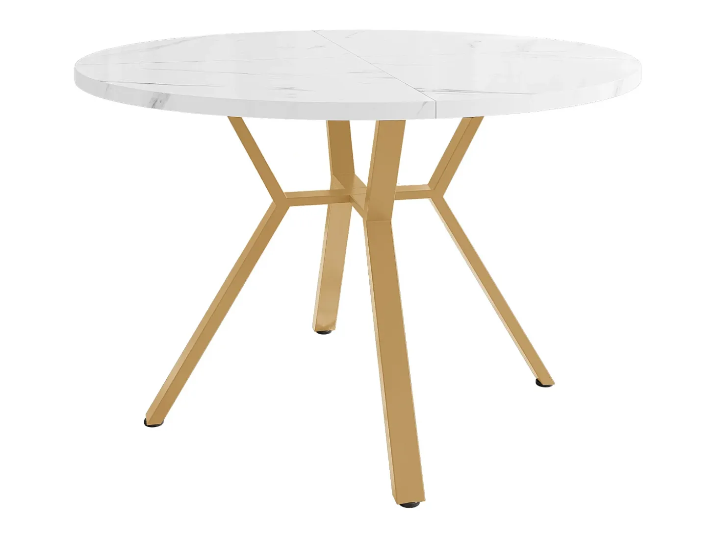 Mesa de comedor redonda con tablero de MDF efecto mármol y patas de metal dorado - para comedor y salón